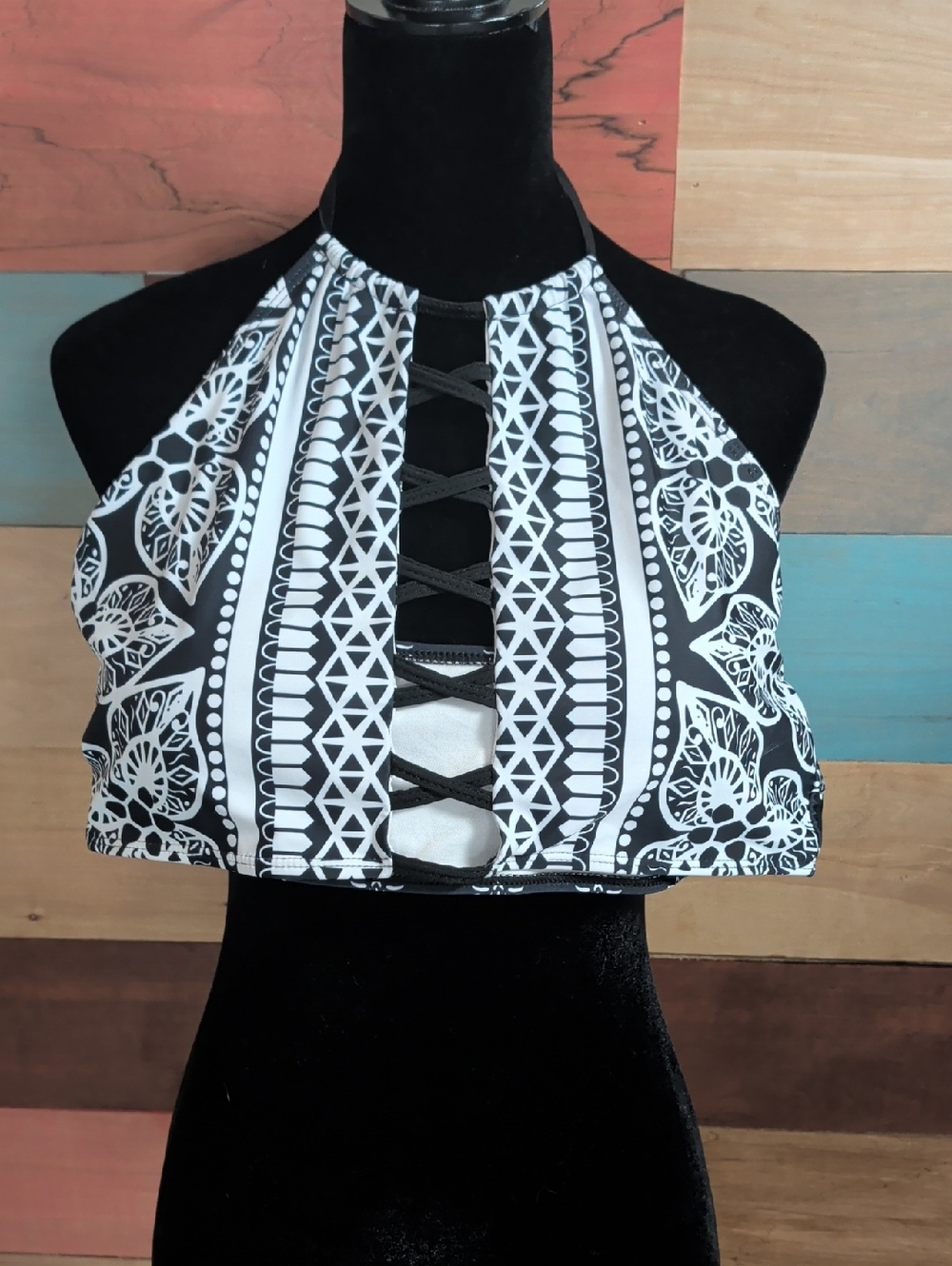 Black & White Lace-Up Halter Bikini Top